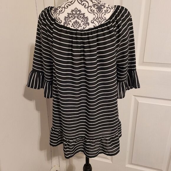 ELLE Womens Blouse Black White Stripe Short Sleeve Off Shoulder Ruched Ruffle - Picture 3 of 6